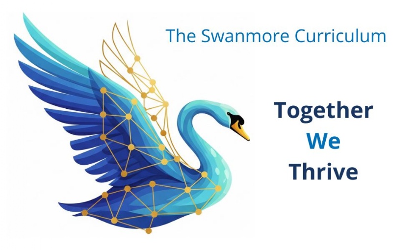 Stylised blue and teal swan with geometric gold lines, next to text “The Swanmore Curriculum – Together We Thrive” on a light background.